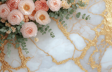 Elegant arrangement of pink flowers on a luxurious marble table with gold accents. Generative AI