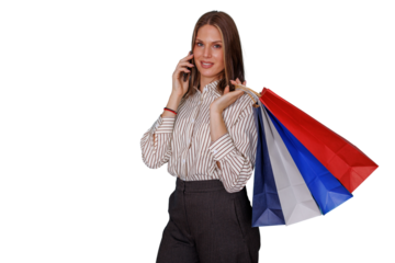 Woman enjoying shopping, talking on phone, holding colorful bags, smiling, making a call on transparent background