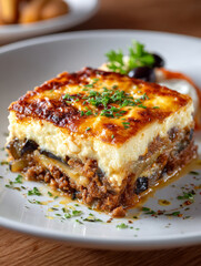 Delicious slice of moussaka on a plate with garnish.