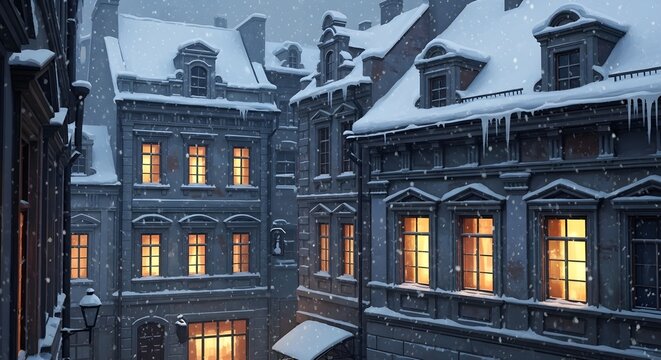 Cozy historic street glows with warm light on a snowy winter evening.