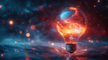 Fiery, glowing light bulb; cosmic, abstract