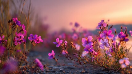 Obraz premium A vibrant array of purple wildflowers stretches along a rocky shoreline basking in the warm glow of the setting sun. The scene captures the beauty of nature at dusk.
