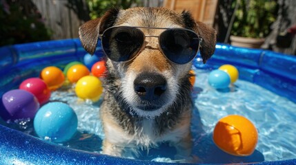 A happy dog relaxes in a blue inflatable pool on a bright day. The dog is surrounded by colorful plastic balls and wears stylish sunglasses enjoying the summer.