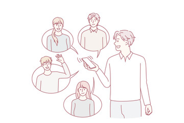 Smiling man use cellphone communicate with diverse friends online on social media. Happy guy with smartphone text message with colleagues on internet on gadget. Flat vector illustration.