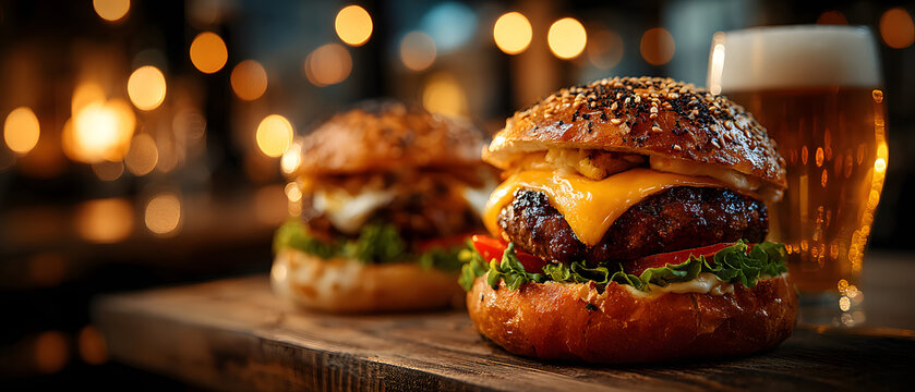 Hamburger and light beer on a pub background. Pair of ground beef patty sandwich with pale brew at tavern setting eatery backdrop refreshment indulgence gastronomy beverage