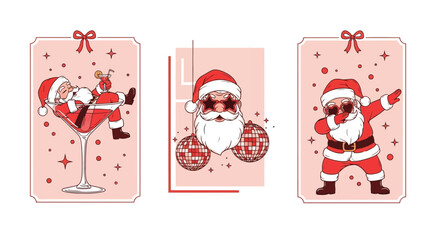 Retro Santa Christmas Vector Illustration Set Featuring Santa Relaxing, Dancing and Partying.