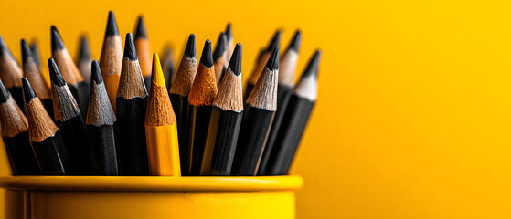 A vibrant set of black pencils in a yellow holder against a bright background.