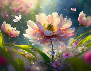 Vibrant Flower Bouquet With Blossoms and Butterflies in Dreamy Garden Light. Generative AI