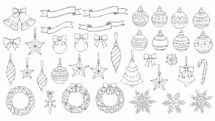 Collection of hand drawn christmas decorations including bells ornaments and wreaths in black and white