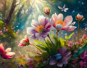 Vibrant Flower Bouquet With Blossoms and Butterflies in Dreamy Garden Light. Generative AI