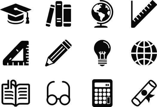 Illustration of various educational icons including graduation cap, books, globe and school supplies