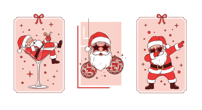 Retro Santa Christmas Vector Illustration Set Featuring Santa Relaxing, Dancing and Partying.