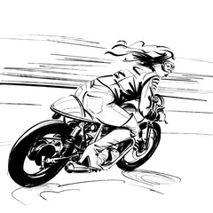 A woman is racing on a motorbike at break-neck speed, leaning into the corner. The bike is a cafe racer. The reckless rider wears goggles, a leather jacket, jeans and high heeled boots. Drawn by hand.