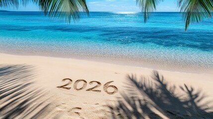 2026 written in sand on tropical beach
