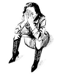 A woman in emotional distress, maybe she made a blunder and she is feeling embarassment. She sits with her hand palms pressed against her face.  