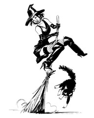 A halloween cartoon of a startled witch is almost falling of her flying broom when it suddenly starts sweeping. Her cat is freaking out and jumping up. 