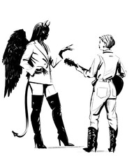 This deal with the devil is a female version of the classic meme where a young aspiring singer-songwriter is signing a deal with the devil for fame and stardom. Hand drawn illustration.