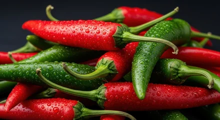 Glasschilderij  Pile of fresh red and green chili peppers with water drops on dark background  © Suvro