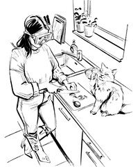 A cat is disgusted by the onions its owner is cutting, the woman wears diving goggles to avoid the tears. Hand drawn illustration of a clever hack. 