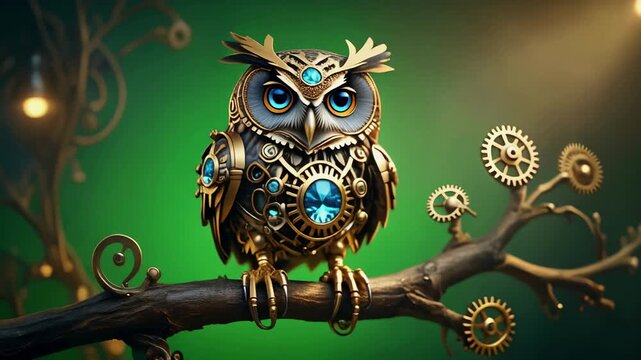 Steampunk Mechanical Owl Perched on Branch with Gears and Blue Gems in Fantasy 4K