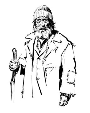 A gripping portrait of a wise old man, dressed in shabby clothes with patches, indicating he is homeless or a vagabond or rambler.  Hand drawn illustration.