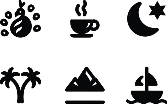 Collection of stylized icons featuring diverse elements like nature and everyday objects in simple black shapes