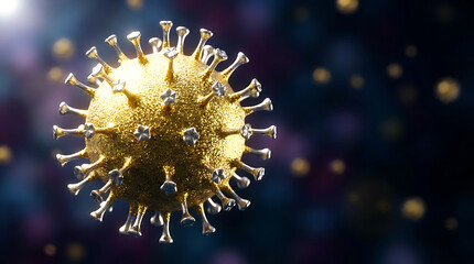 Detailed golden coronavirus cell on dark background with bokeh