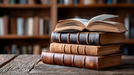 Stack of old books with open book on rustic table