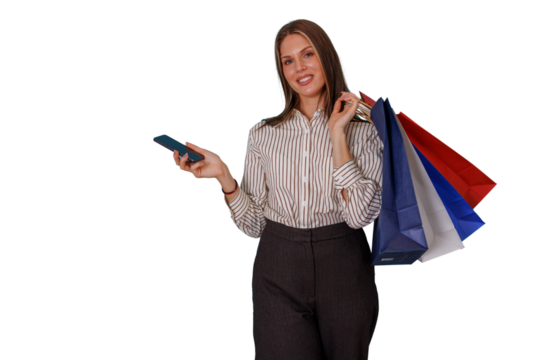 Woman enjoying shopping, carrying colorful bags, holding phone, smiling, retail consumerism, transparent background