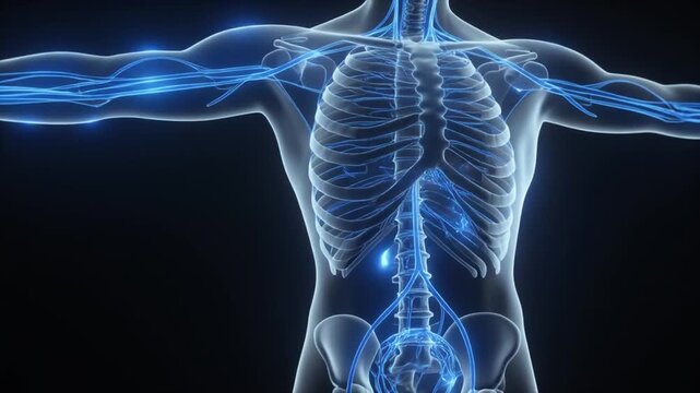 3D visualization of the autonomic nervous system shown glowing in blue tones, branching through the torso, elegant minimal medical background, gentle camera drift, ultra-clear anatomy detail.
