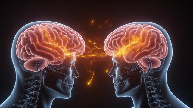 Hyper-realistic 3D animation showing neural communication between brain hemispheres, electrical pulses bridging corpus callosum, smooth camera orbit, clean professional medical style.
