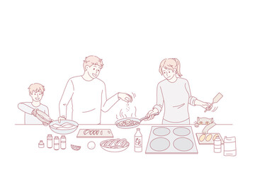 Happy family with small son cooking breakfast together in cozy kitchen. Smiling parents have fun preparing food with child enjoy leisure weekend at home. Unity and bonding. Flat vector illustration.