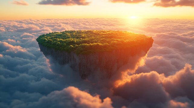 Floating island in clouds at sunset