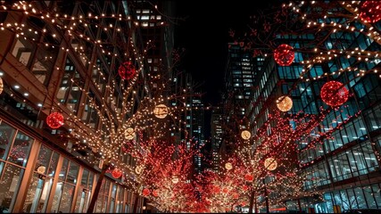 Bustling modern city street at night dressed in red and gold holiday ornaments and twinkling string lights on trees between towering office buildings, festive winter glow - Powered by Adobe