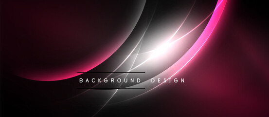 Abstract design features flowing lines, vibrant pinks, bright white light. Dark background creates dramatic effect. Modern, sleek aesthetic.