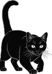 Black cat silhouette, walking feline pet, cute kitten, domestic animal isolated icon, halloween symbol design, cad drawing flat vector illustration.