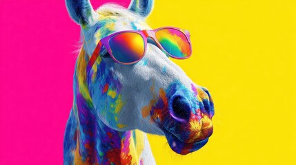 A horse stands proudly with vibrant multicolored paint splashed across its coat. It sports trendy sunglasses and poses against a bright pink and yellow backdrop creating a fun atmosphere.