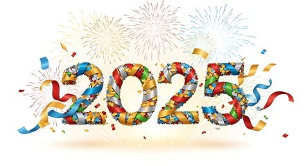 Colorful 2025 New Year celebration numbers made of ribbons confetti and fireworks.