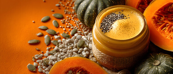 Vibrant photo of pumpkin hemp seed butter jar mockup. Vivid image gourd cannabis kernel spread container display simulated product packaging concept nourishment theme brilliant