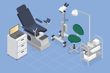 Gynecology doctor office without people. Room with gynecological chair and colposcope. Cabinet for women with medical equipment. 3d flat Isometric vector illustrationson on a blue background.