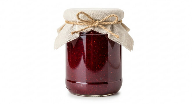 A glass jar filled with dark red raspberry jam, sealed with a fabric cover and tied with a rustic twine bow, isolated on a white background.