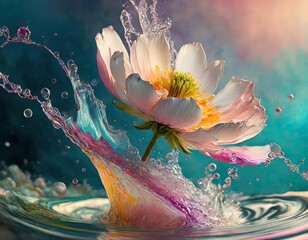 Colorful flowers splash into water, creating a vibrant scene under soft light enhancing their natural beauty . Generative AI