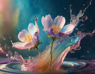 Colorful flowers splash into water, creating a vibrant scene under soft light enhancing their natural beauty . Generative AI