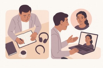 Professional male engaging in virtual communication while taking notes in a creative workspace with a warm color palette, illustrating modern remote collaboration dynamics and digital interaction