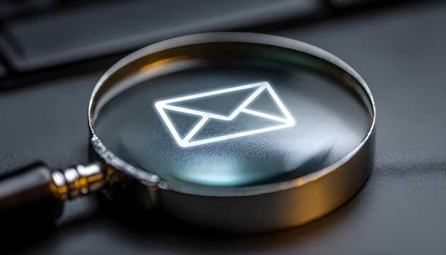 A modern magnifying glass focusing on a digital email icon, symbolizing communication.