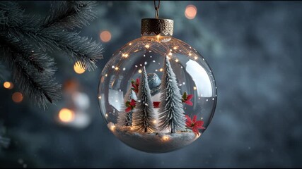 Cheerful glass christmas ornament with a tiny snowman and trees inside, gently spinning on a decorated pine branch as soft snowflakes fall against glowing bokeh lights - Powered by Adobe