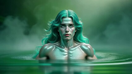 Ethereal Green-Haired Water Spirit Emerging from Misty Lake, Mysterious Fantasy Creature - Powered by Adobe