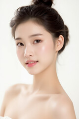 Obraz premium Female Asian Model with Short Hair - Young Beautiful Woman with Hair Bun - Studio Portrait of Asian Beauty for Fashion, Cosmetic, Skincare - Posing on White Background - Smooth Tied Hair