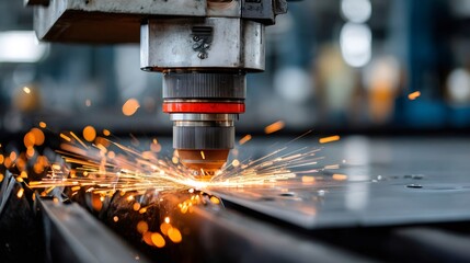 Laser cutting machine sparking metal in industry