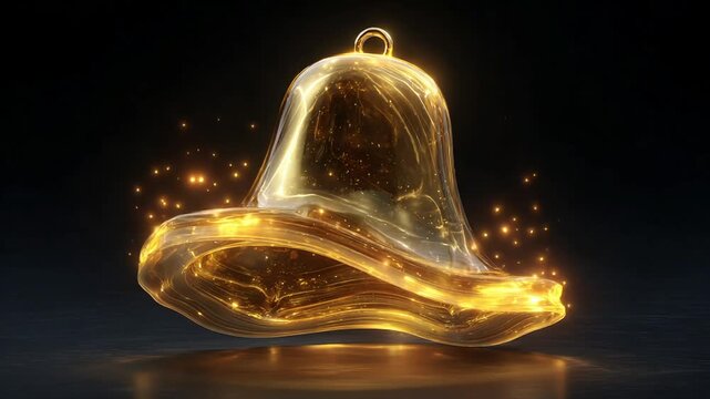 Luminous golden bell shimmering with magical light particles, symbolizing celebration and good fortune.